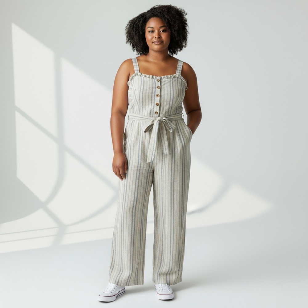 Skies Are Blue linen blend Button-Front striped Jumpsuit w pockets Sz 3X